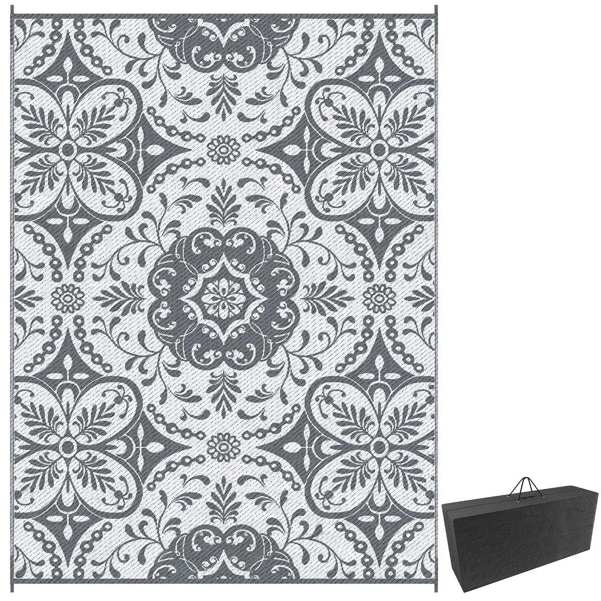 Tapis Extérieur Portable, 9' x 12', Imperméable, Fleur Blanche, Gris
