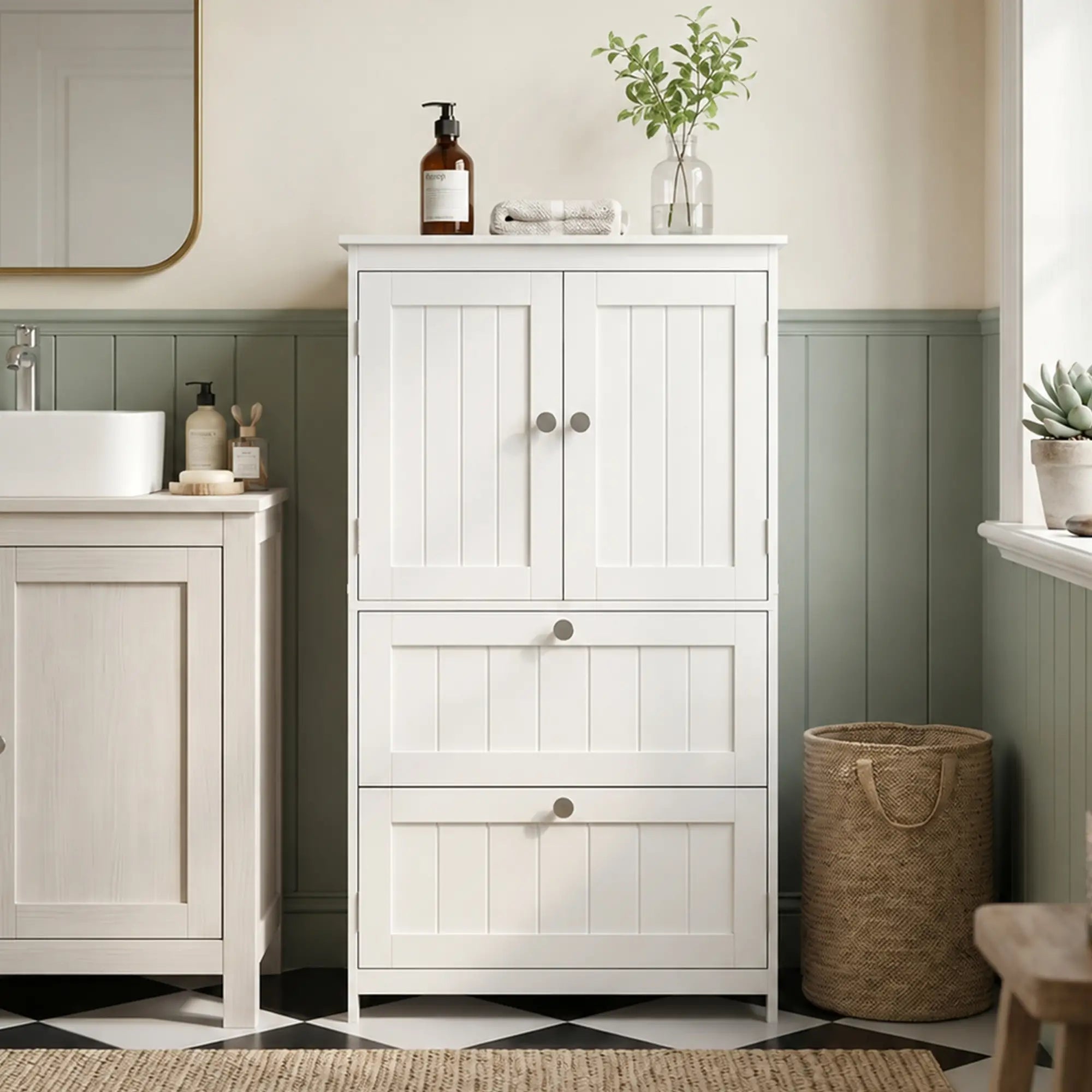 Narrow Bathroom Cabinet, 2 Drawers, Adjustable Shelf, White Freestanding Bathroom Cabinets at Gallery Canada