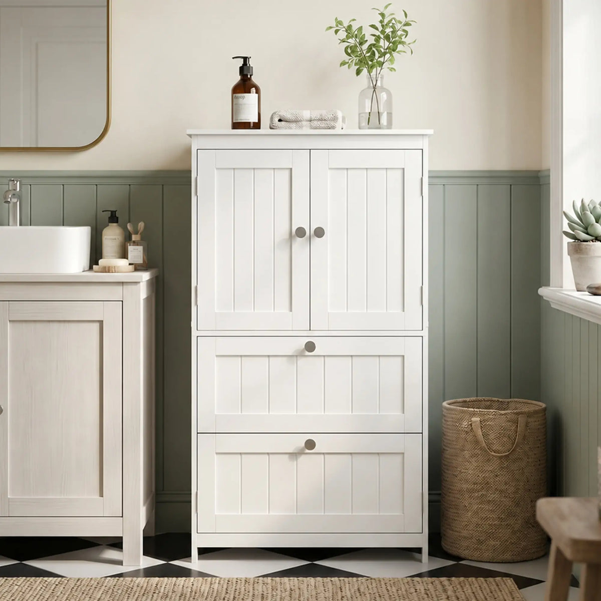 Narrow Bathroom Cabinet, 2 Drawers, Adjustable Shelf, White Freestanding Bathroom Cabinets at Gallery Canada
