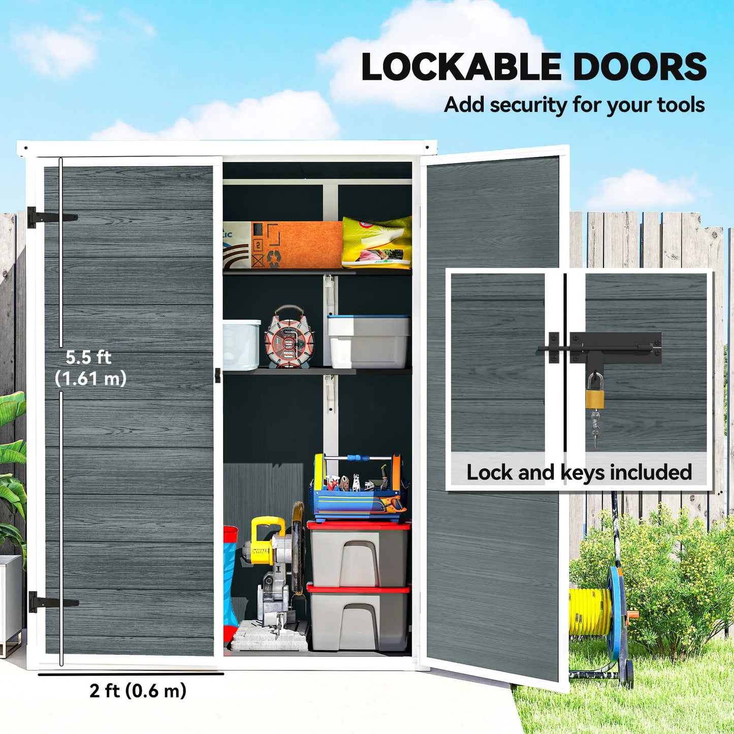 Plastic Storage Shed, 4.4' x 2.3', Lockable Doors, Foldable Shelves, Grey Sheds at Gallery Canada