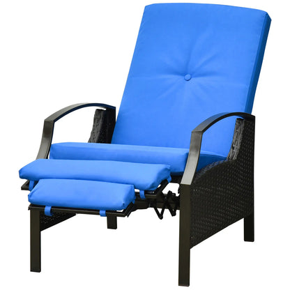 Outdoor Rattan Recliner Chair, Adjustable Back, Retractable Footrest, Blue Chaise Loungers at Gallery Canada