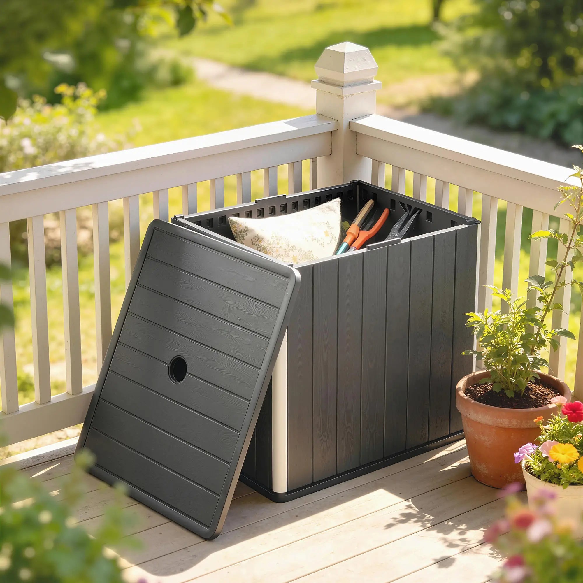 30 Gallon Storage Box, Outdoor Side Table with Umbrella Holder, Black Patio Storage Boxes at Gallery Canada