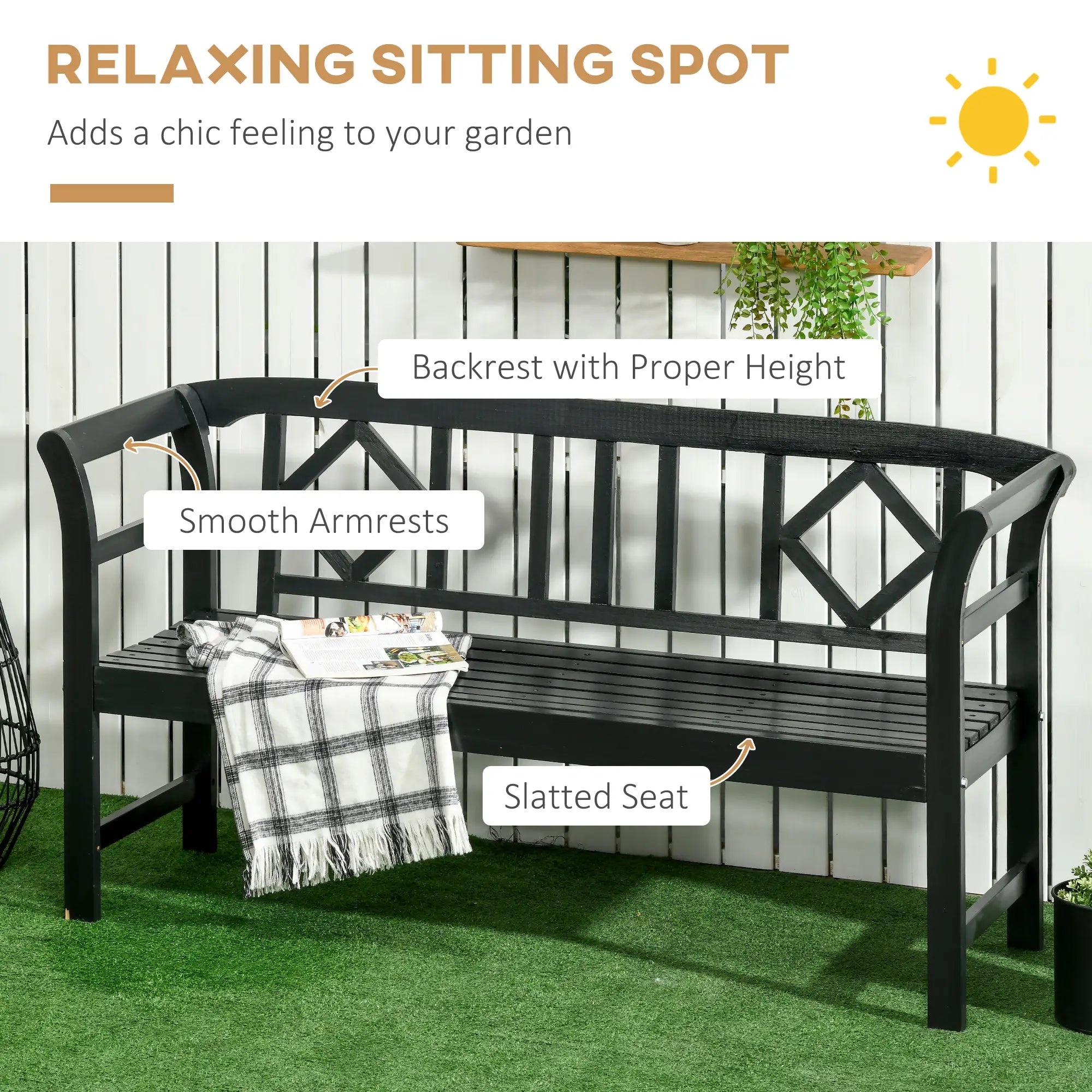 Wooden Outdoor Bench, 3 Person, Diamond Backrest, Slatted Seat, 792 LBS, Black Outdoor Benches at Gallery Canada