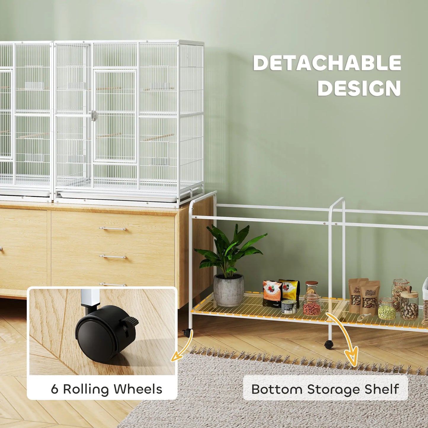 64" Large Rolling Bird Cage, Detachable Stand, Storage Shelf, White Bird Cages at Gallery Canada