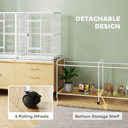 64" Large Rolling Bird Cage, Detachable Stand, Storage Shelf, White Bird Cages at Gallery Canada