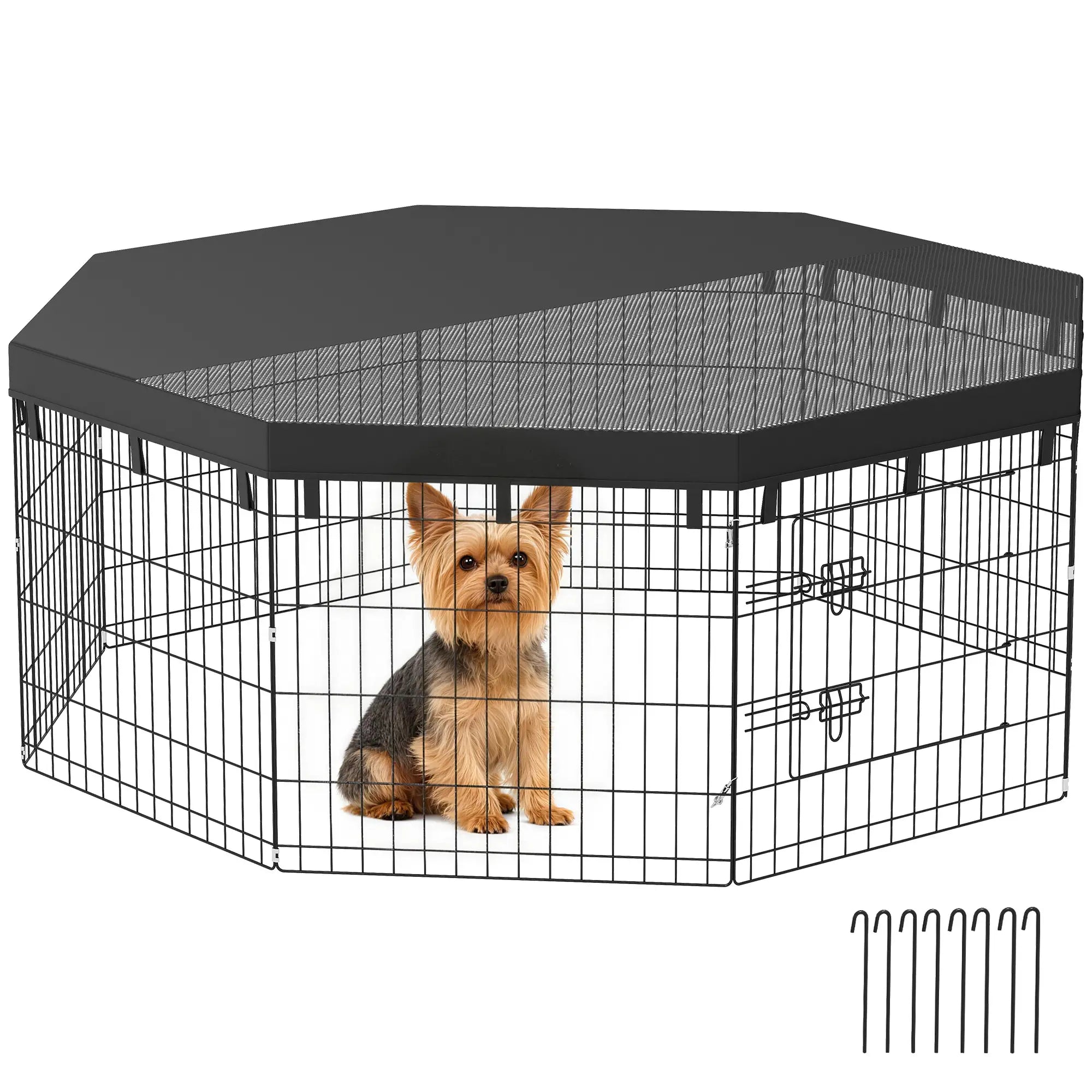 8 Panels Foldable Dog Playpen With Top Cover, 24