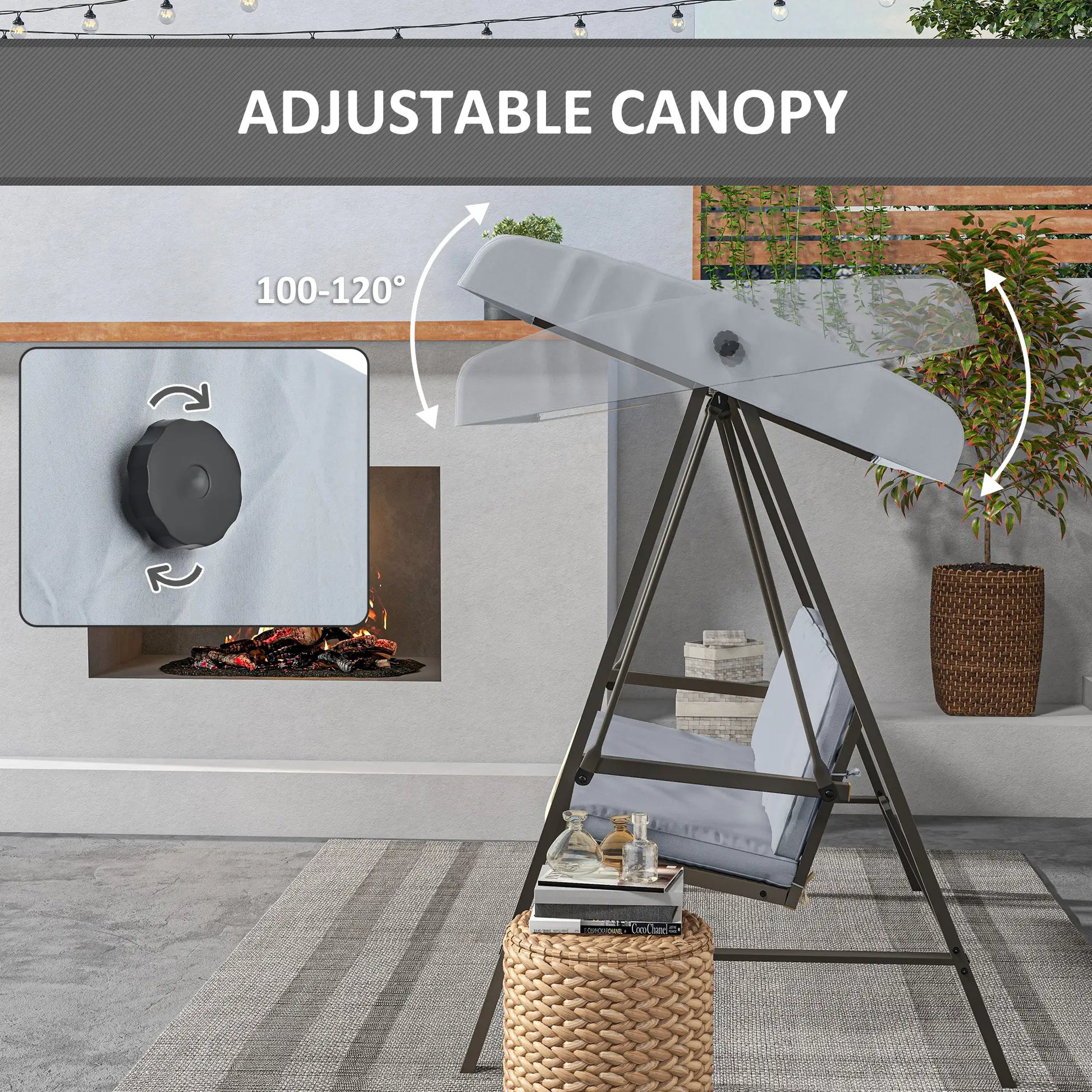 3 Seater Patio Swing Chair, Adjustable Canopy, Removable Cushions, Light Grey Patio Swings with Stand at Gallery Canada