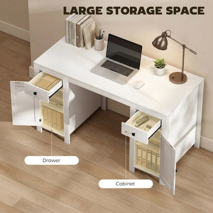 53" Farmhouse Executive Desk, White Wood Grain, Computer Desk With Drawers, White Writing Desks at Gallery Canada