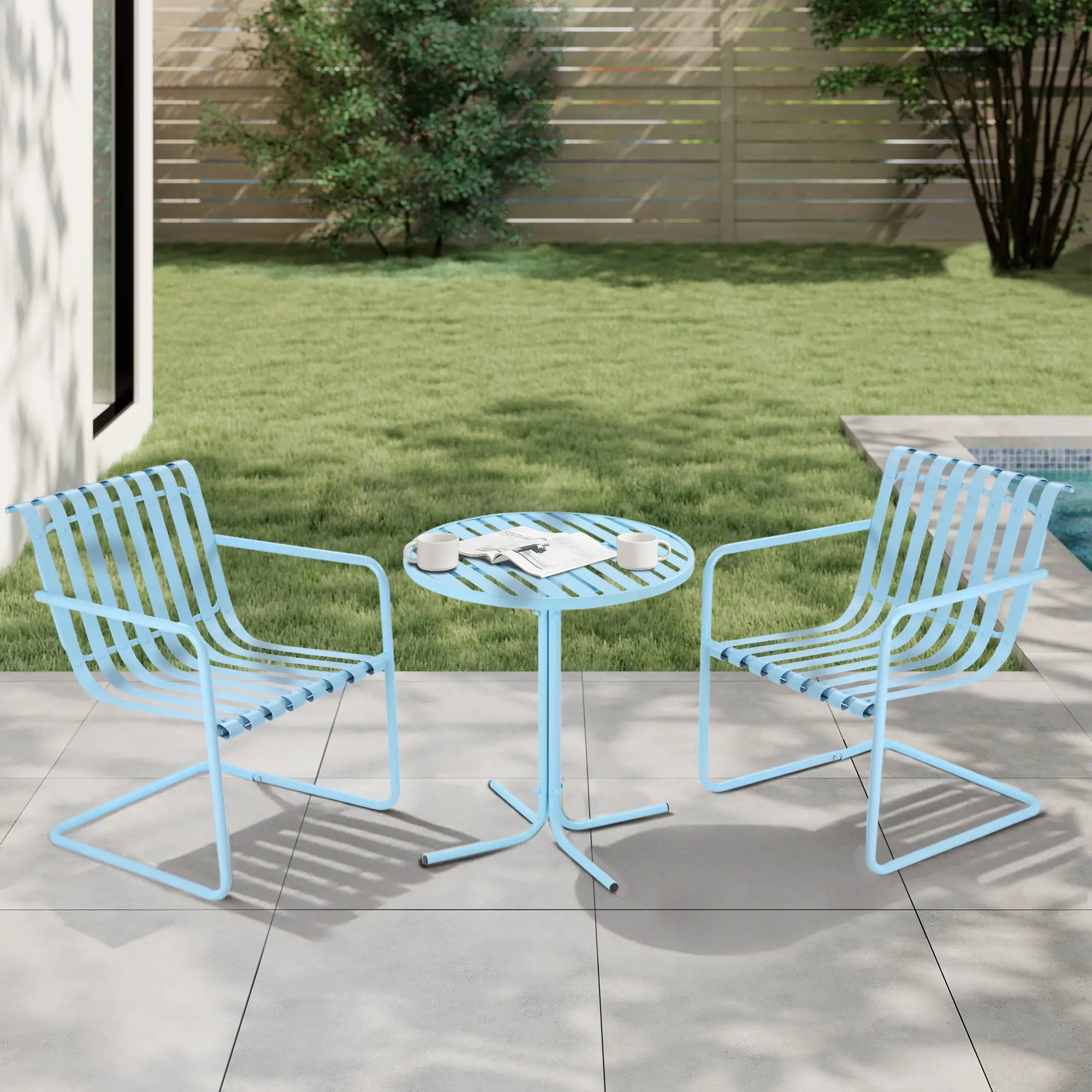 3-Piece Patio Bistro Set, Metal Frame, 2 Chairs & Round Table, Sky Blue Bistro Sets Sky Blue at Gallery Canada