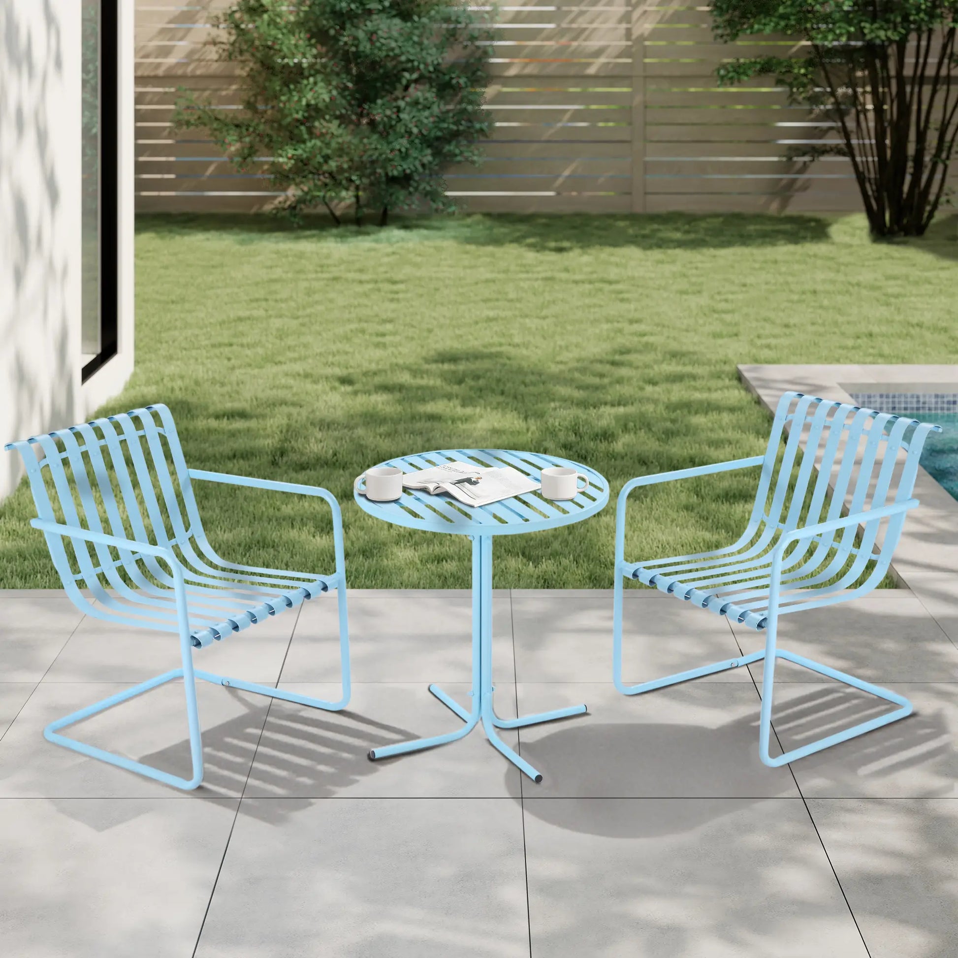 3-Piece Patio Bistro Set, Metal Frame, 2 Chairs & Round Table, Sky Blue Bistro Sets Sky Blue at Gallery Canada