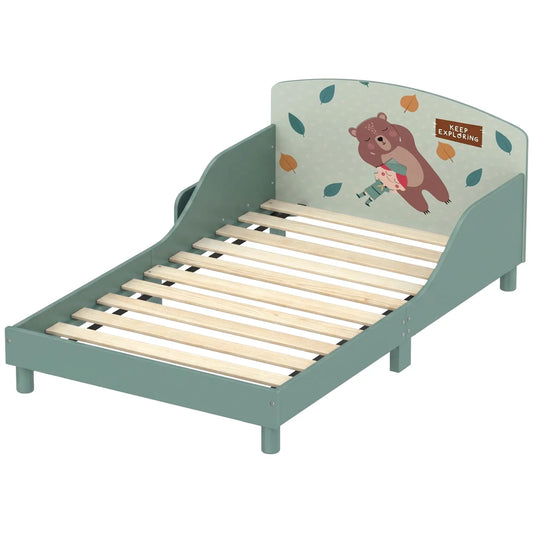 Toddler Bed with Storage, Guard Rails, 132x70x10cm, Green Bear Print Kids Bedroom Furniture Green at Gallery Canada