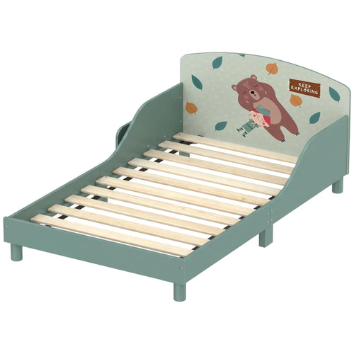 Toddler Bed with Storage, Guard Rails, 132x70x10cm, Green Bear Print