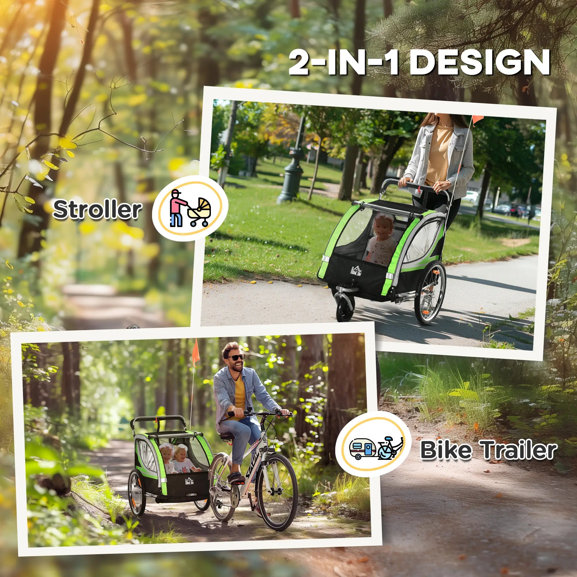 2 Seat Bike Trailer, Double Jogging Stroller, Handbrake, Rubber Wheels, Green Kids Bike Trailers at Gallery Canada