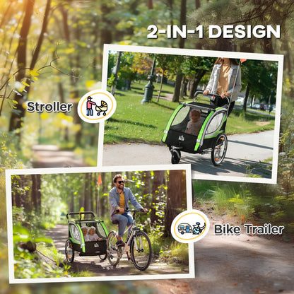 2 Seat Bike Trailer, Double Jogging Stroller, Handbrake, Rubber Wheels, Green Kids Bike Trailers at Gallery Canada