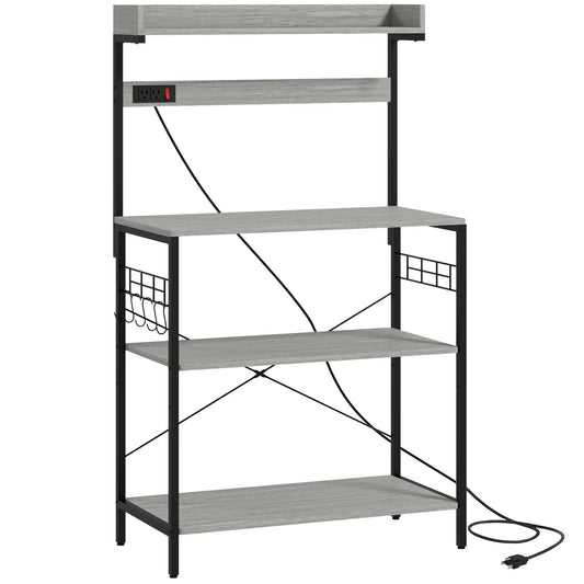 Kitchen Baker's Rack with Power Outlet, Coffee Bar Station with Adjustable Shelves and Hooks, Distressed Grey Bar Cabinets Distressed Grey, Black at Gallery Canada