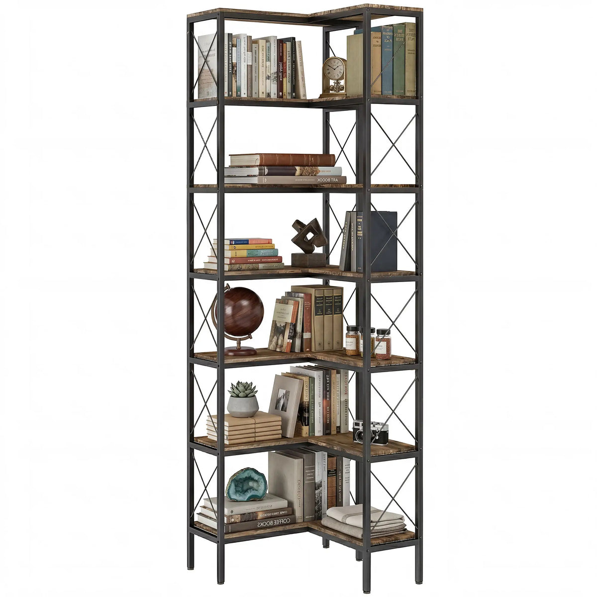 6-Tier L-Shaped Bookshelf, Freestanding Corner Bookcase with Metal Frame, Rustic Brown Display Bookshelves Rustic Brown, Black at Gallery Canada