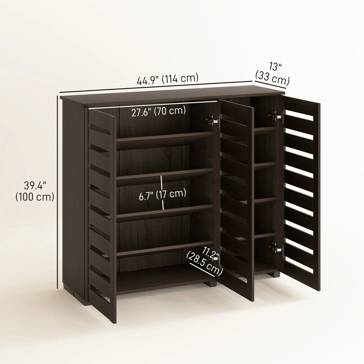 Narrow Shoe Cabinet, Slatted Doors, Adjustable Shelves, 20 Pairs, Dark Brown Shoe Storage Cabinets & Racks at Gallery Canada