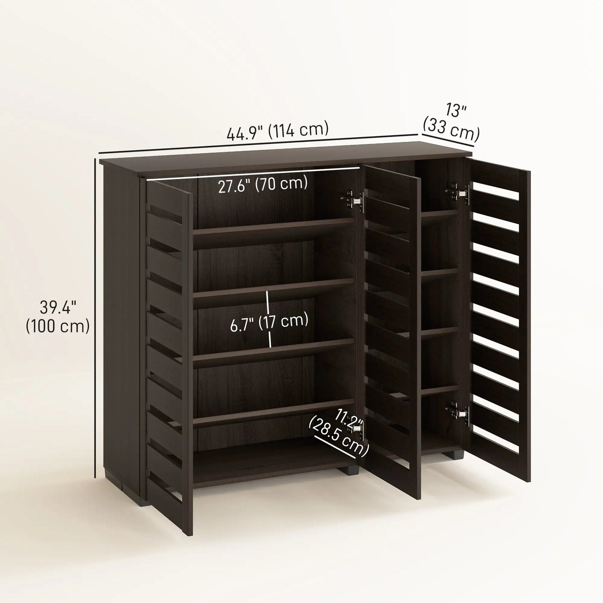 Narrow Shoe Cabinet, Slatted Doors, Adjustable Shelves, 20 Pairs, Dark Brown Shoe Storage Cabinets & Racks at Gallery Canada