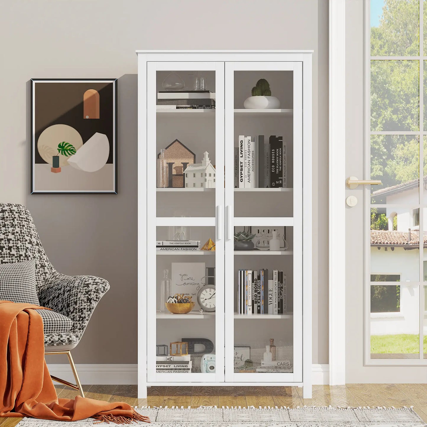 Freestanding Kitchen Pantry, 5-Tier Storage Cabinet, Adjustable Shelves, 2 Glass Doors, White