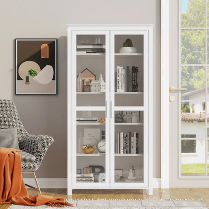 Freestanding Kitchen Pantry, 5-Tier Storage Cabinet, Adjustable Shelves, 2 Glass Doors, White
