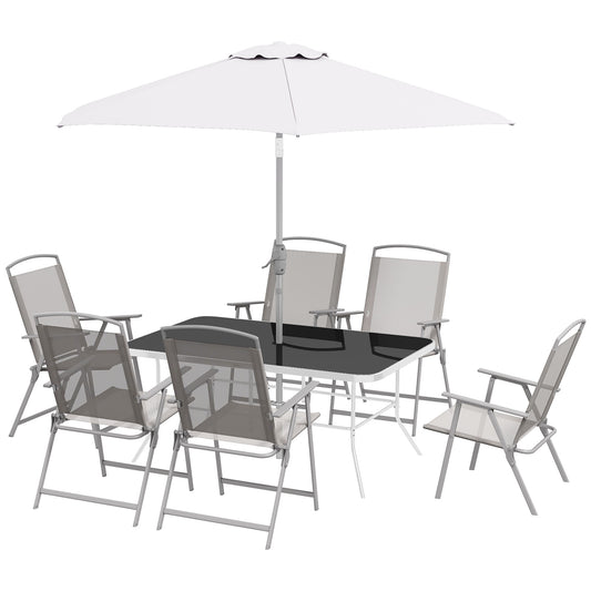 8 Piece Patio Set with Umbrella, 6 Folding Chairs, Rectangle Table, Outdoor Dining Set for 6 with Mesh Seat, Grey at Gallery Canada