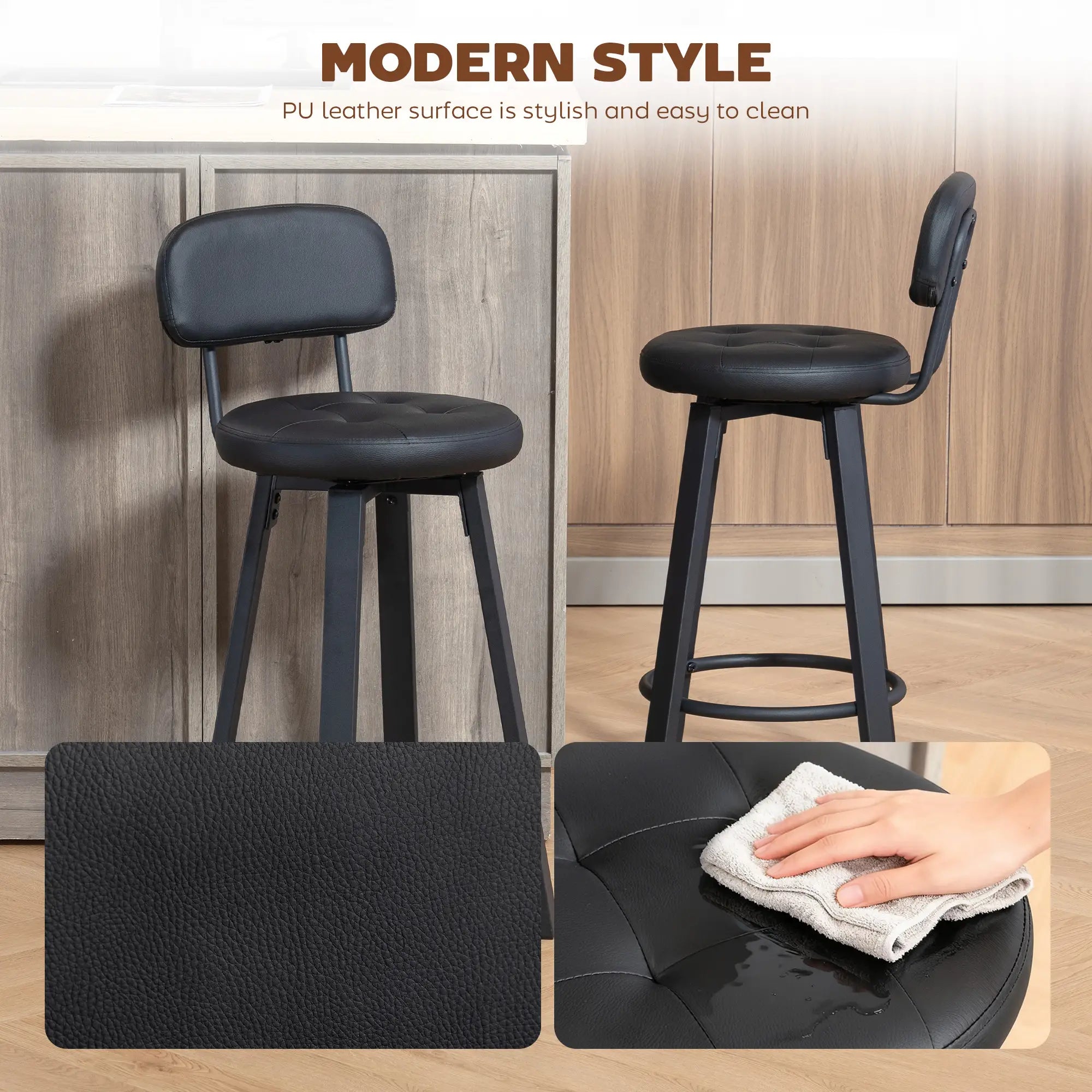 Upholstered Bar Stools Set Of 2, With Footrest And Backrest, Black Bar Stools at Gallery Canada