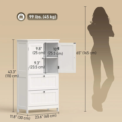 Narrow Bathroom Cabinet, 2 Drawers, Adjustable Shelf, White
