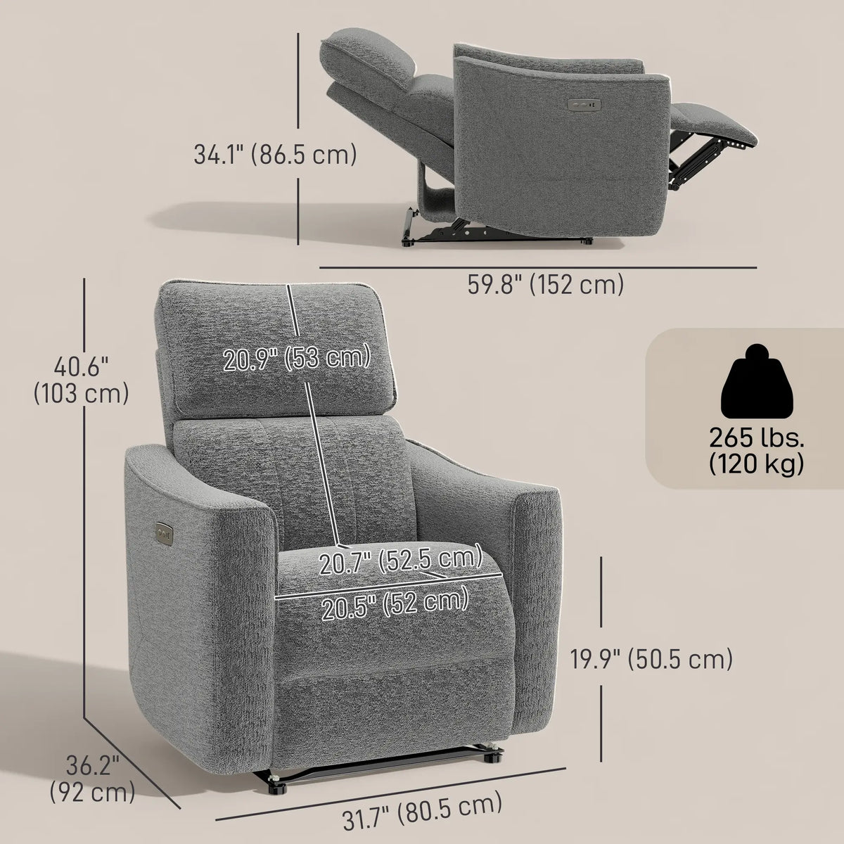 Power Recliner Chair, Linen-Look Fabric, USB Ports, Footrest, Dark Grey Sofas & Reclining Chairs at Gallery Canada