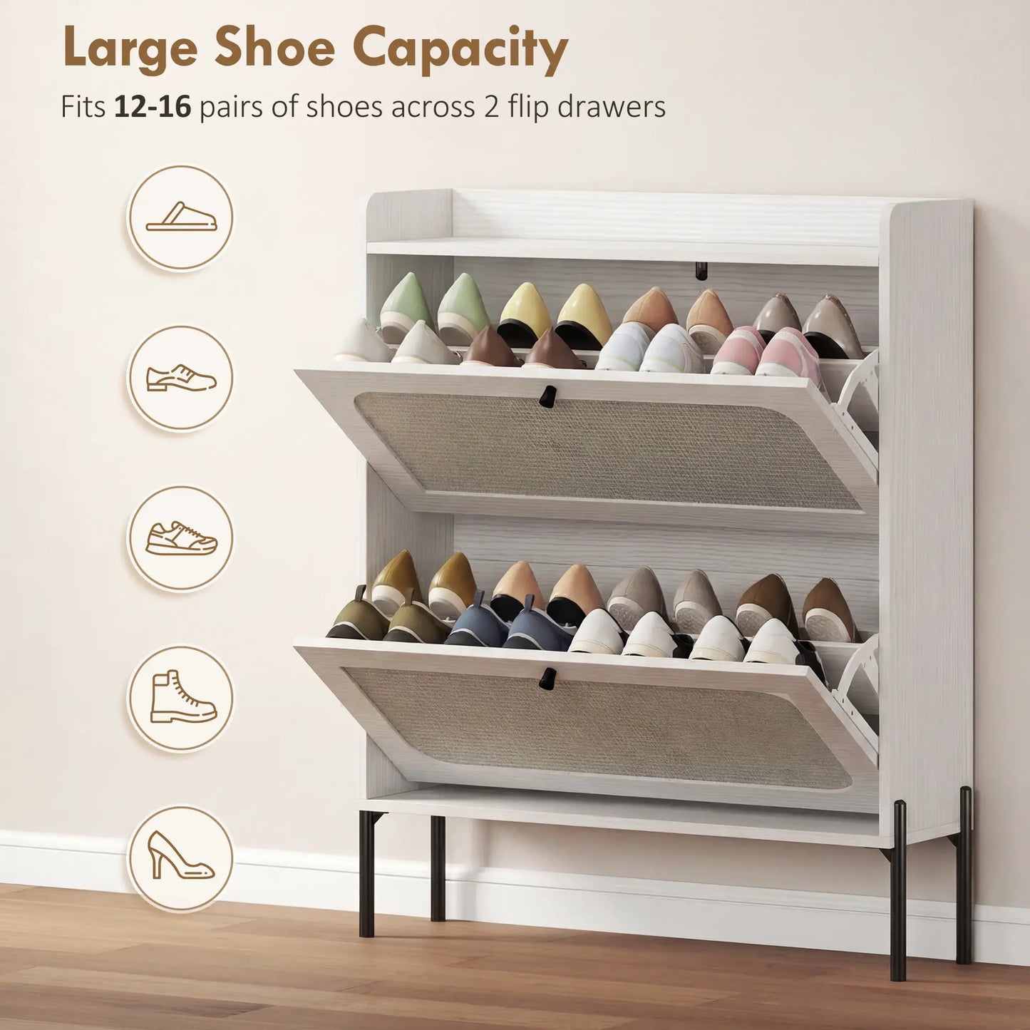 Shoe Cabinet, 2 Flip Drawers, Narrow Boho, White Shoe Storage Cabinets & Racks at Gallery Canada