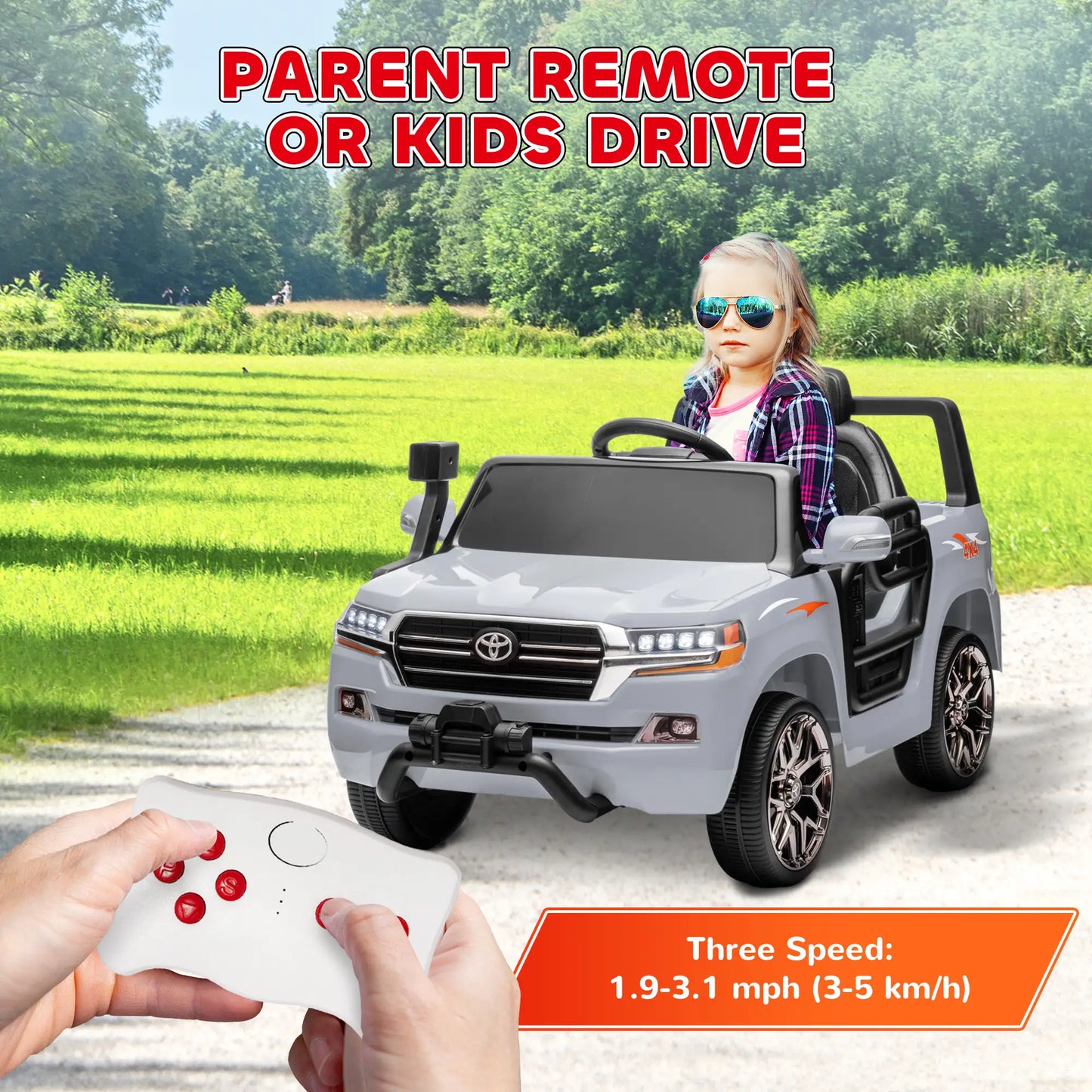 12V Kids Car, Remote Control, Four Wheel Spring Suspension, LED Light, Grey Electric Toy Cars at Gallery Canada