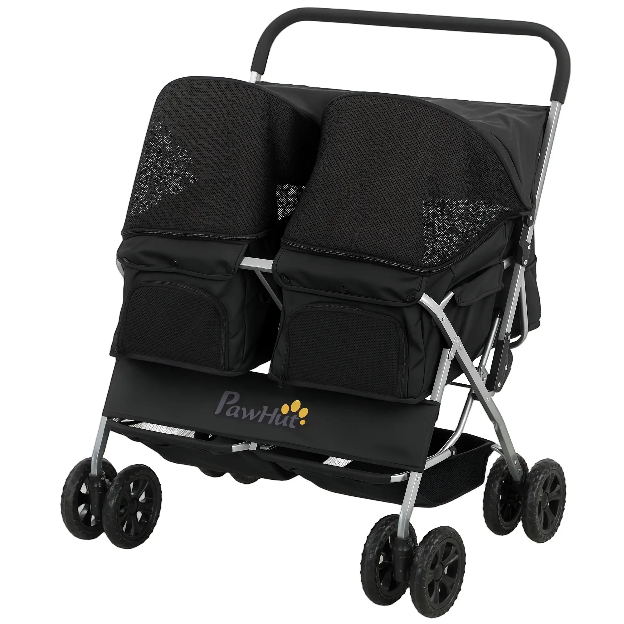 Double Pet Stroller, Foldable Dog Stroller with 2-Seater Carrier, Sunshade, Removable Pad, Safety Belt, Storage Basket Dog Bike Trailers & Strollers Black, Silver at Gallery Canada