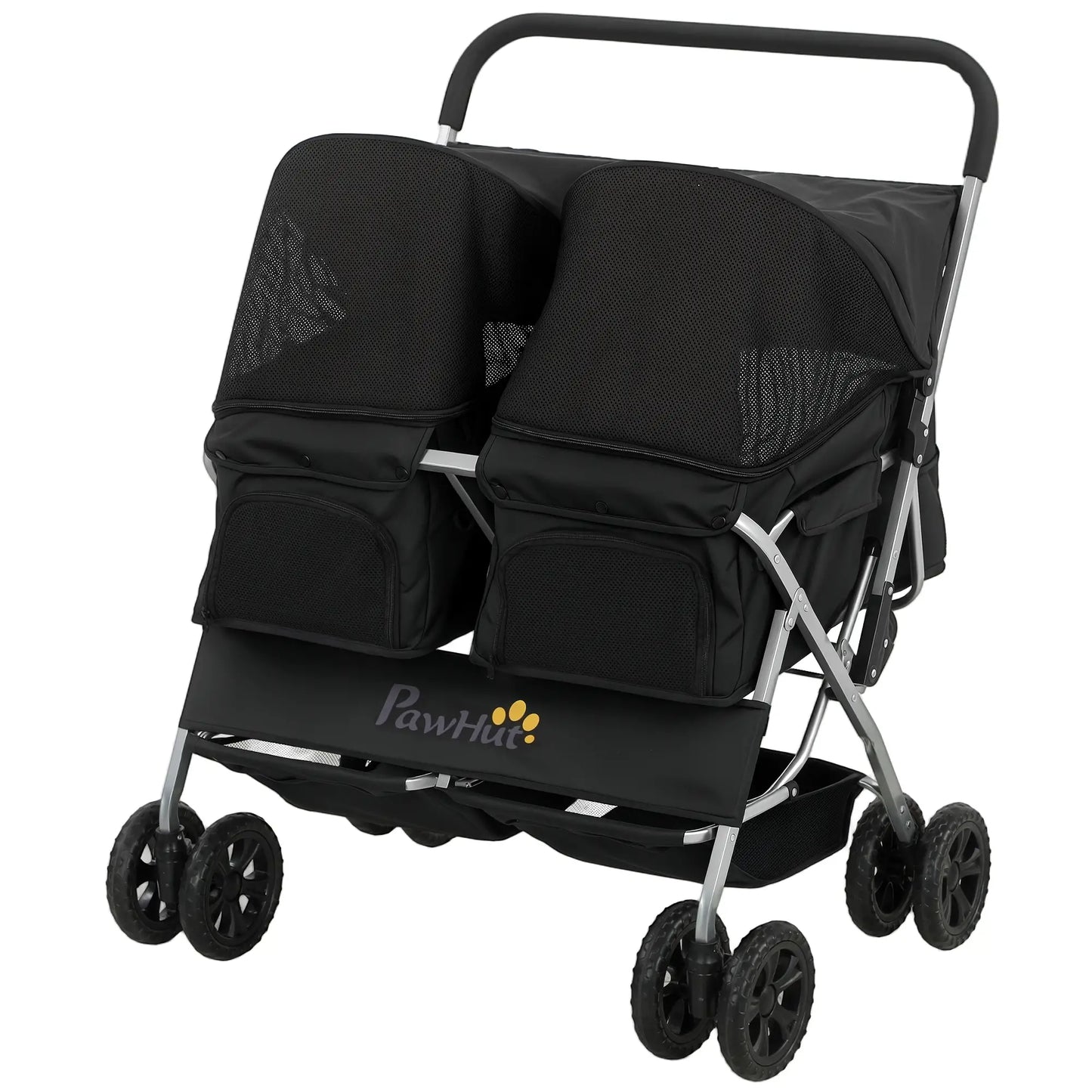 Double Pet Stroller, Foldable Dog Stroller with 2-Seater Carrier, Sunshade, Removable Pad, Safety Belt, Storage Basket Dog Bike Trailers & Strollers Black, Silver at Gallery Canada