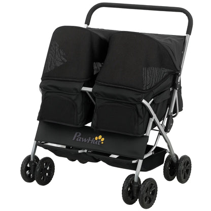 Double Pet Stroller, Foldable Dog Stroller with 2-Seater Carrier, Sunshade, Removable Pad, Safety Belt, Storage Basket Dog Bike Trailers & Strollers Black, Silver at Gallery Canada