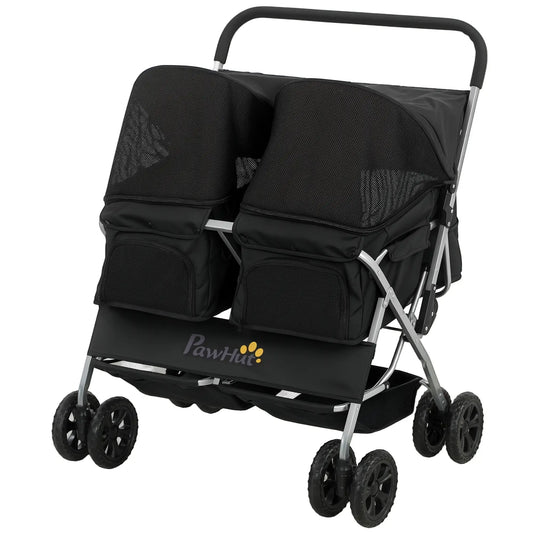 Double Pet Stroller, Foldable Dog Stroller with 2-Seater Carrier, Sunshade, Removable Pad, Safety Belt, Storage Basket Dog Bike Trailers & Strollers Black, Silver at Gallery Canada