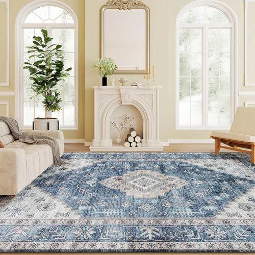 9x12 Vintage Washable Non-Slip Rug, for Living, Bedroom, Dining, Blue