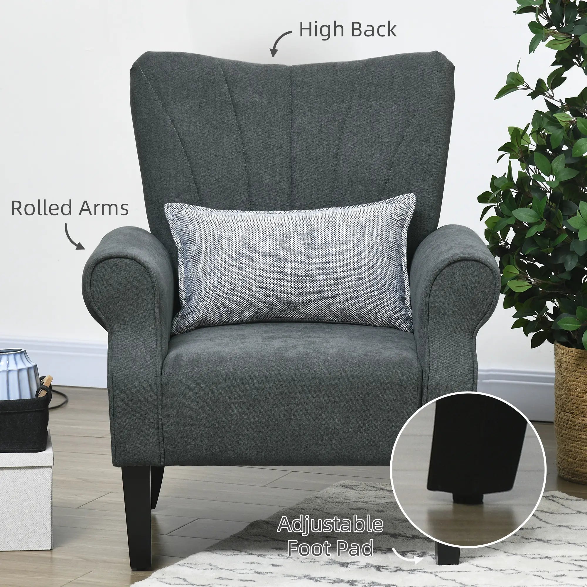 Modern Fabric Armchair, Wood Legs, Living Room, Bedroom, Dark Grey Accent Chairs at Gallery Canada