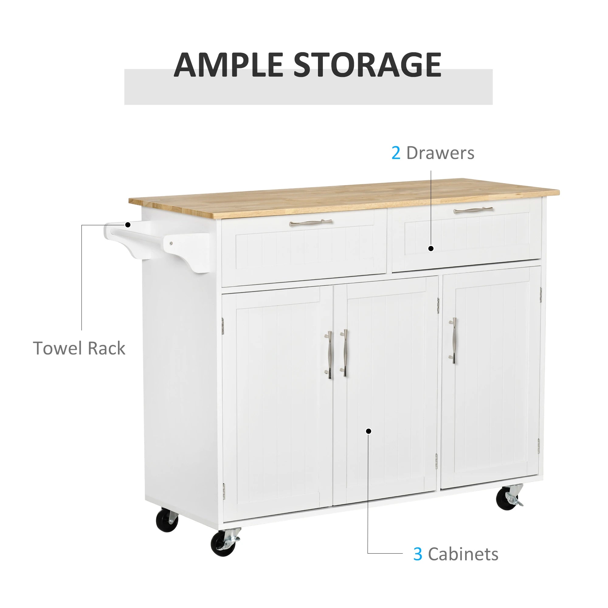 Rolling Kitchen Island, Cart with 2 Drawers, 3 Door Cabinets, 3-Doors, White Kitchen Islands & Kitchen Carts at Gallery Canada