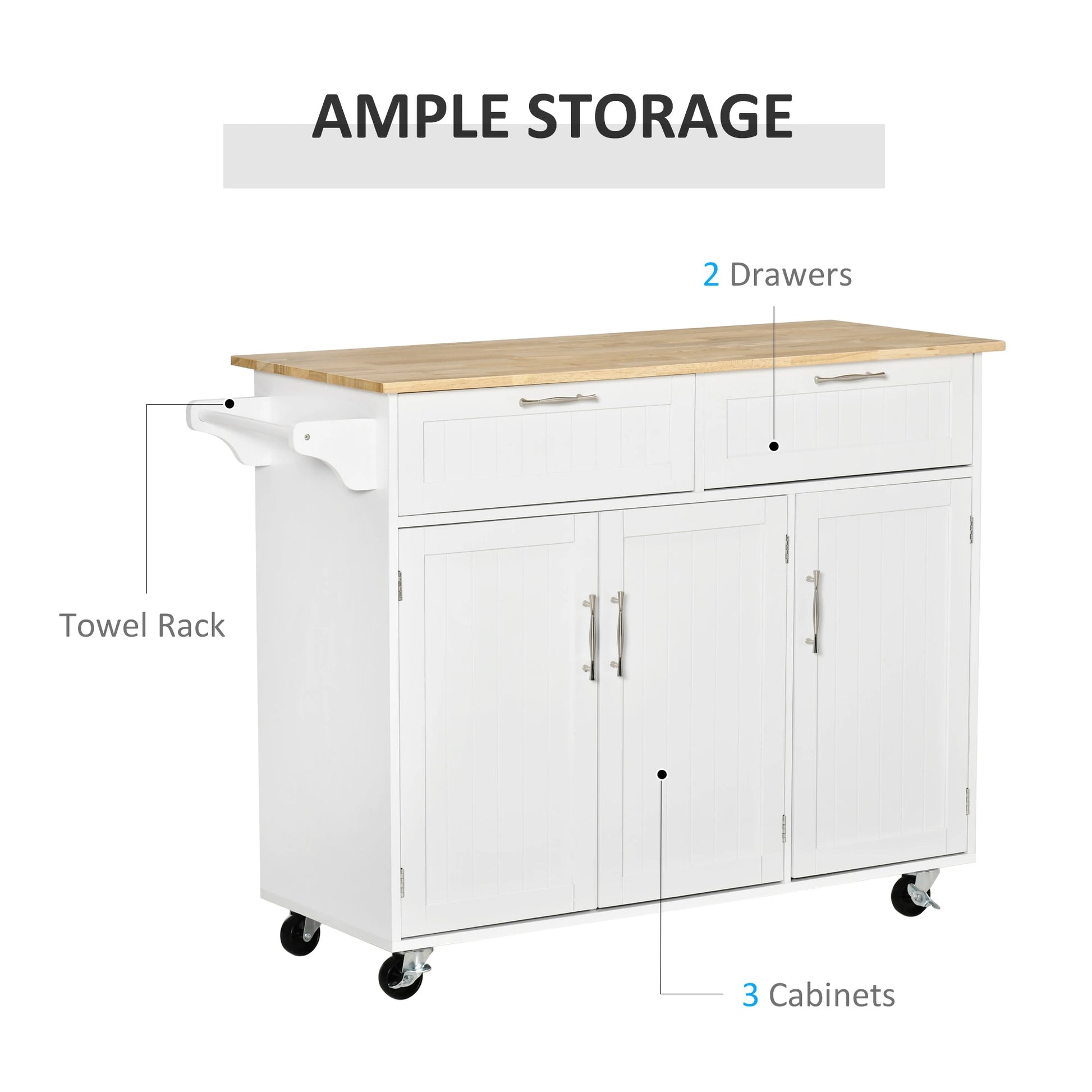 Rolling Kitchen Island, Cart with 2 Drawers, 3 Door Cabinets, 3-Doors, White Kitchen Islands & Kitchen Carts at Gallery Canada