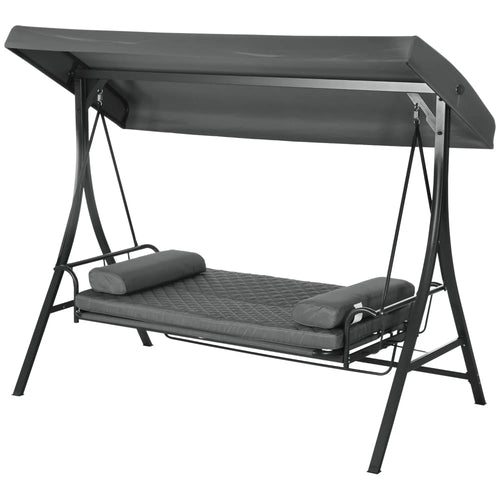 3 Person Porch Swing Bench, Adjustable Canopy, Cushions, Pillows, Dark Grey