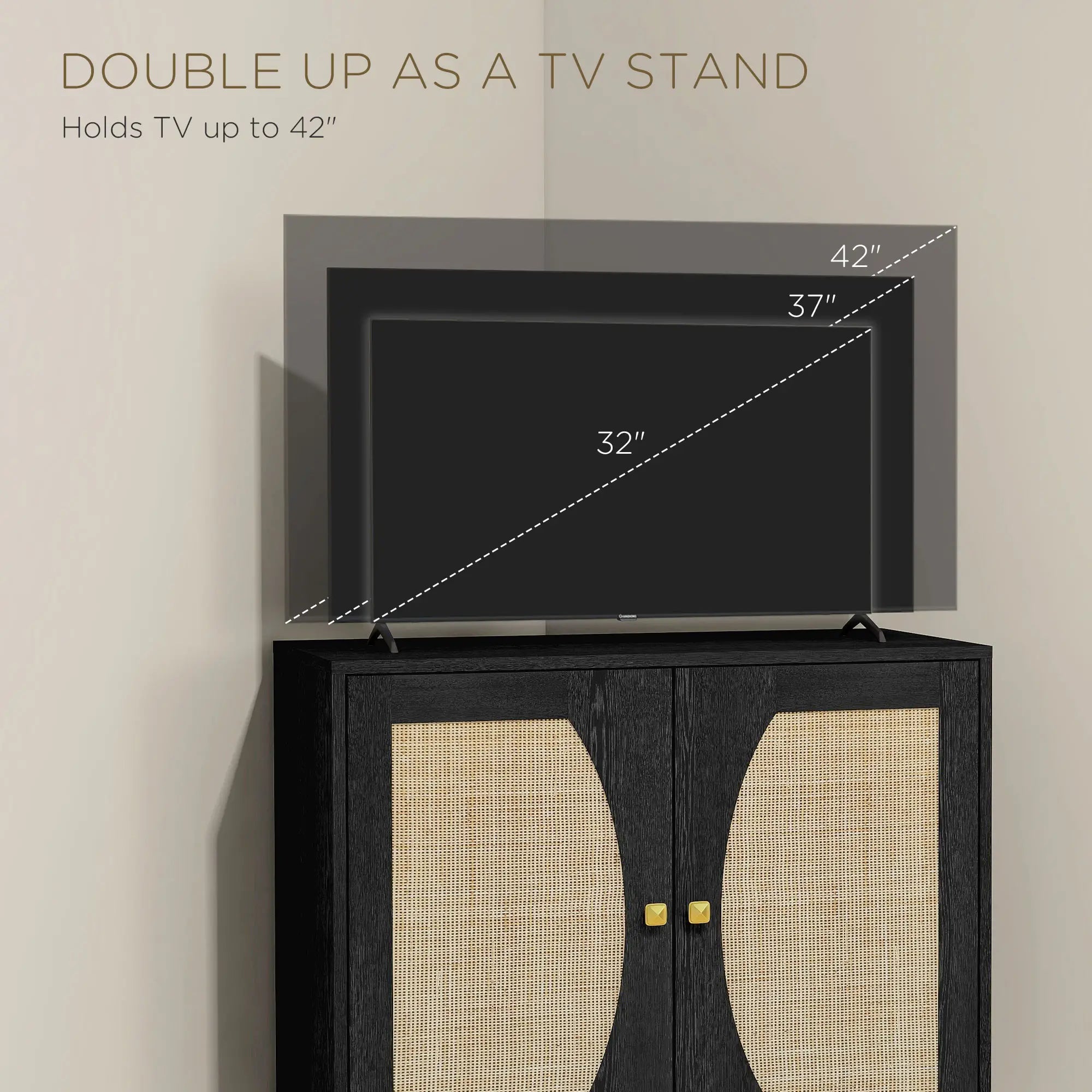 Boho Buffet Cabinet, Adjustable Shelf, Rattan Doors, 42 Inches, Black Kitchen Pantry Cabinets at Gallery Canada