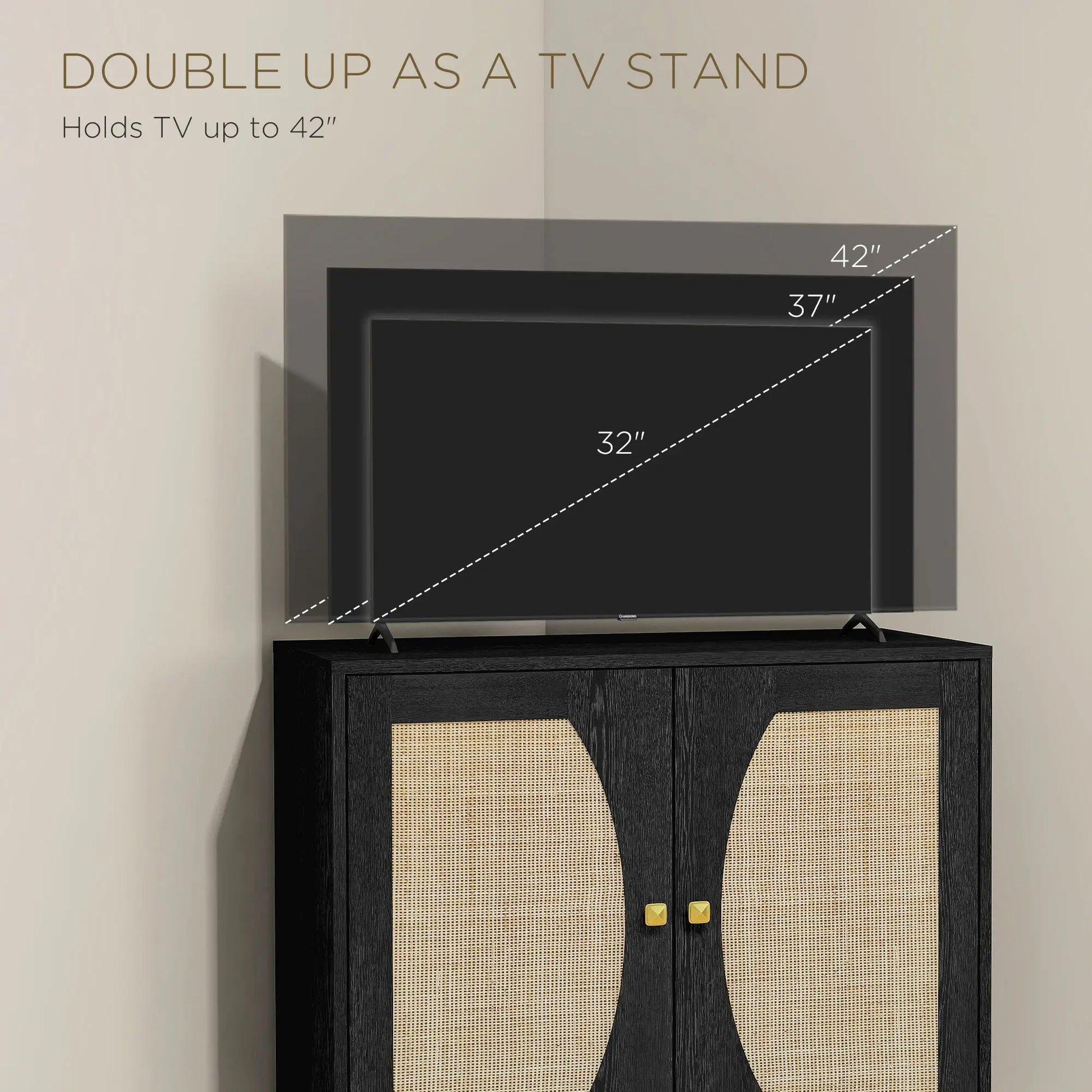 Boho Buffet Cabinet, Adjustable Shelf, Rattan Doors, 42 Inches, Black Kitchen Pantry Cabinets at Gallery Canada