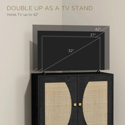 Boho Buffet Cabinet, Adjustable Shelf, Rattan Doors, 42 Inches, Black Kitchen Pantry Cabinets at Gallery Canada