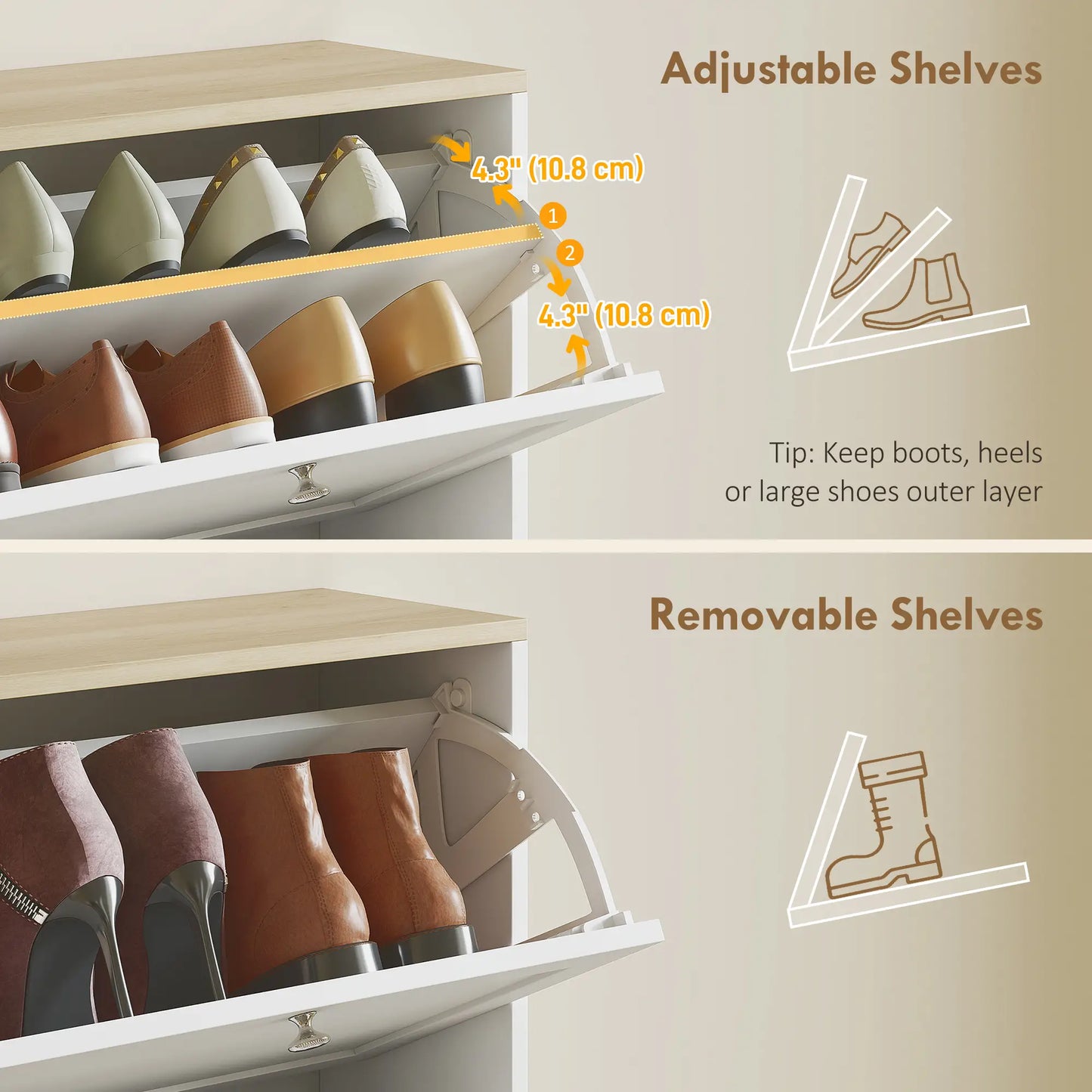 Shoe Storage Cabinet, 4 Flip Drawers, Adjustable Shelves, 18-24 Pairs, White