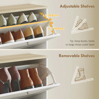 Shoe Storage Cabinet, 4 Flip Drawers, Adjustable Shelves, 18-24 Pairs, White