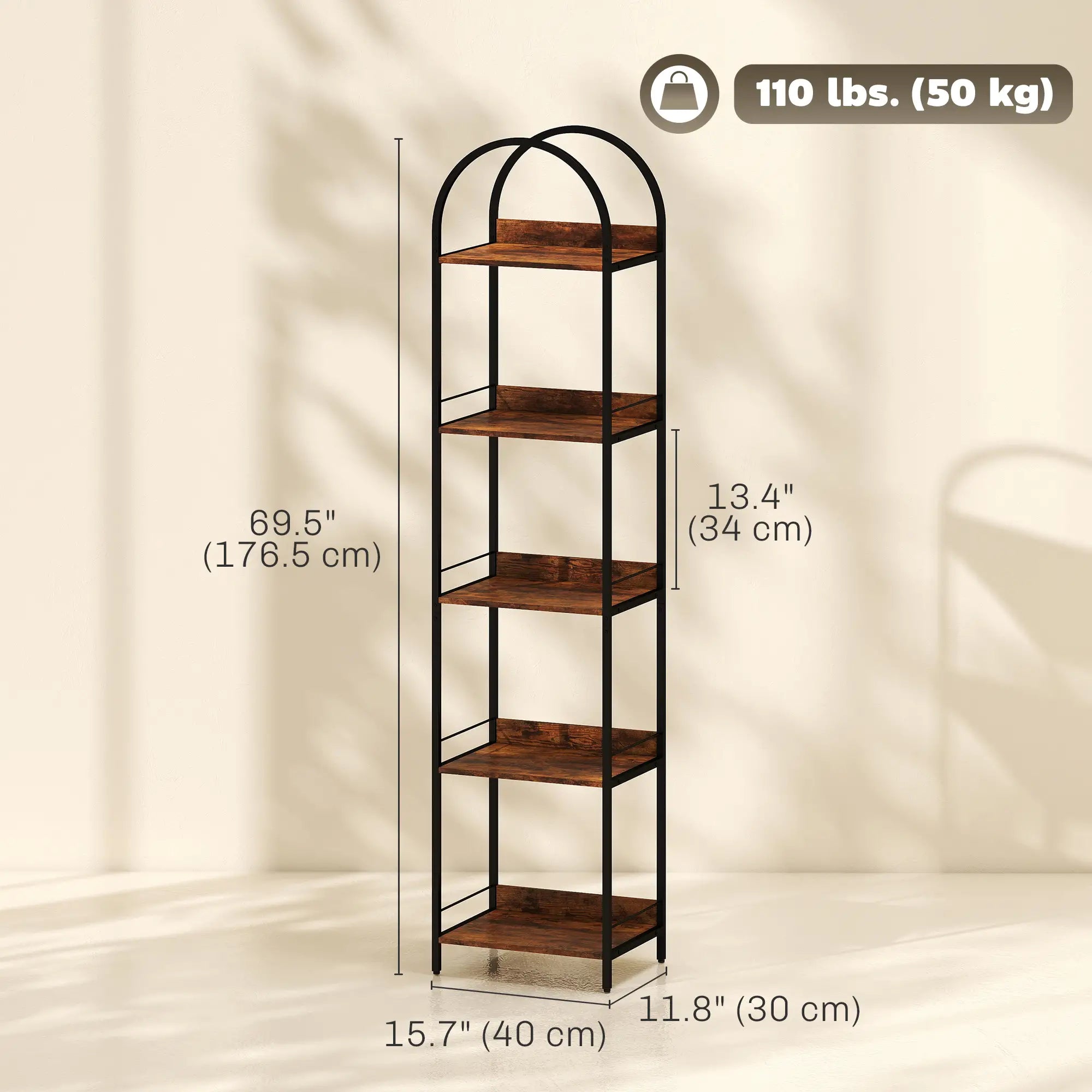 Bookshelf 5 Tier Arched Bookcase, 69.5