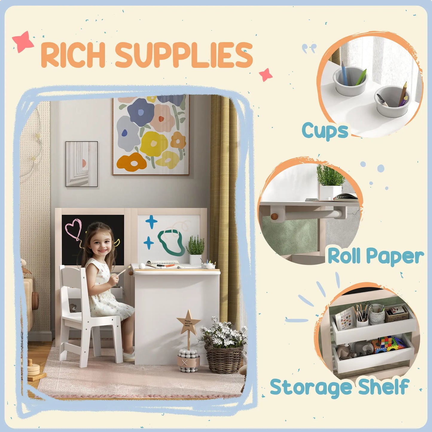 3 in 1 Kids Table and Chair Set, Foldable Easel, Storage Shelves, White Kids Table Sets at Gallery Canada