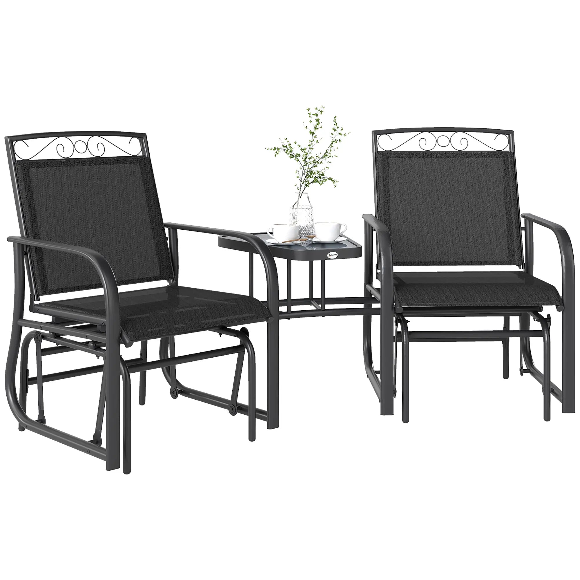 Outdoor Glider Bench with Coffee Table, 2-Seat Rocking Chair Swing, Black Outdoor Gliders Black at Gallery Canada