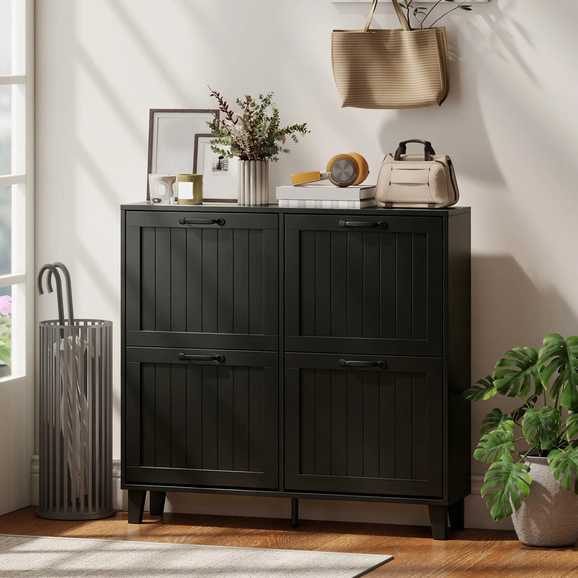 Shoe Cabinet with 4 Flip Drawers, Freestanding Narrow Shoe Storage Cabinet with Adjustable Shelves, Open Back, Black Shoe Storage Cabinets & Racks at Gallery Canada