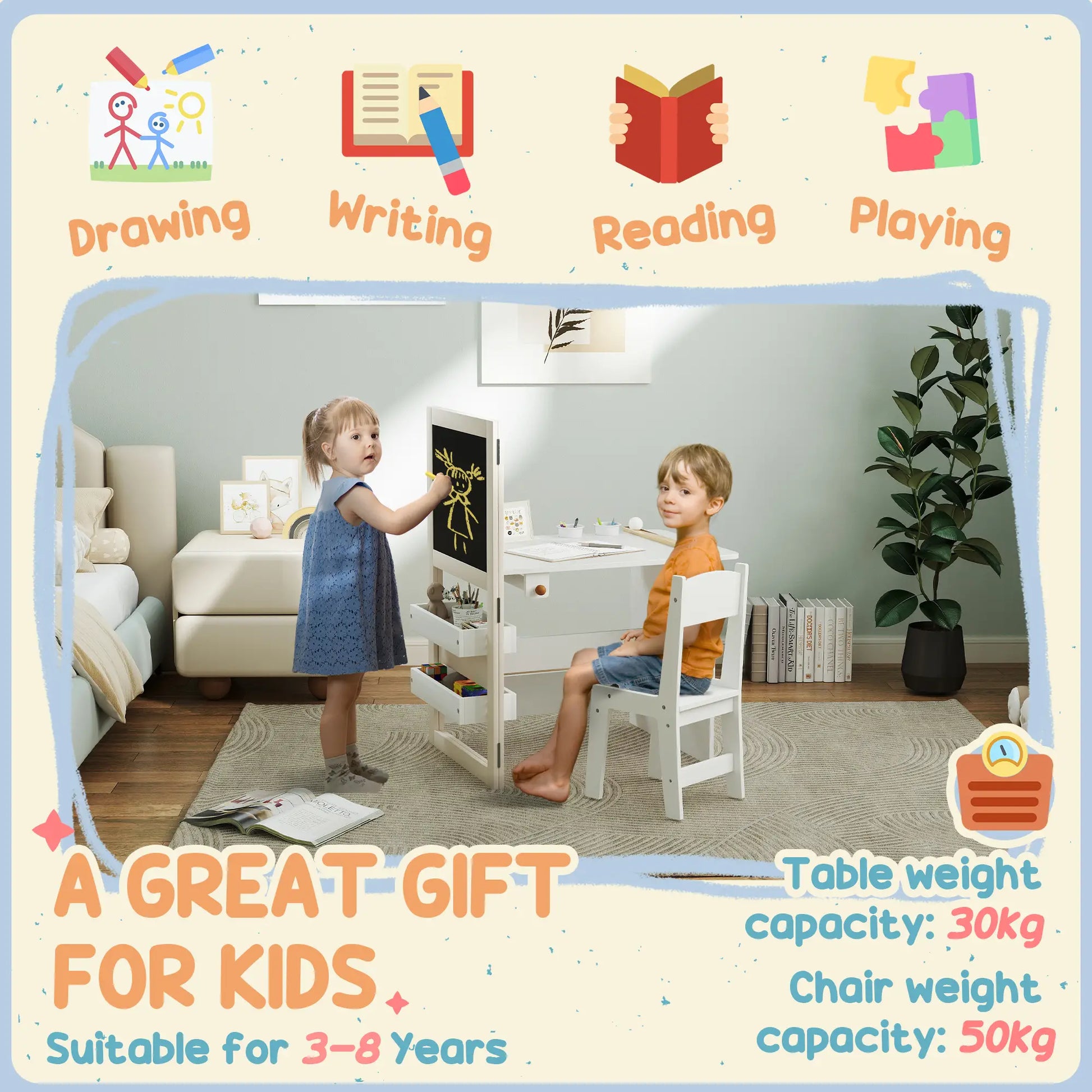 3 in 1 Kids Table and Chair Set, Foldable Easel, Storage Shelves, White Kids Table Sets at Gallery Canada