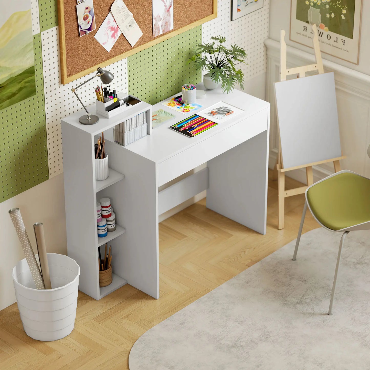 Computer Desk With Storage, 3 Open Shelves And Drawer, White Writing Desks at Gallery Canada